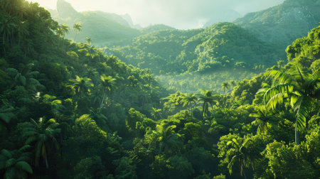 Lush tropical mountain forest bathed in morning light, showcasing the rich green foliage and landscapeの素材