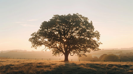A solitary oak tree in a rural landscape, its branches outlined against the setting sun's warm lightの素材