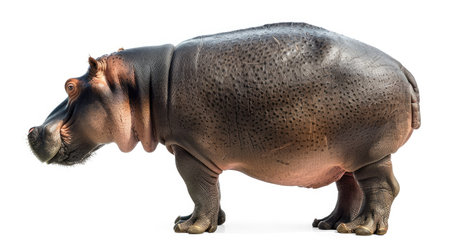 Hippo's side view, isolated on white, showcasing its powerful build and thick legsの素材