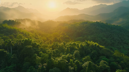 Aerial shot of tropical green tree mountain forest at dawn, highlighting the lush foliage and sunriseの素材