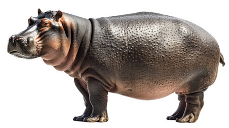 Hippo in a standing position, isolated on a clean white background, displaying its massive sizeの素材