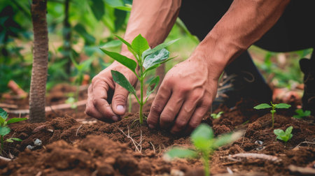 Careful hands planting a tree sapling, promoting sustainability and environmental responsibilityの素材