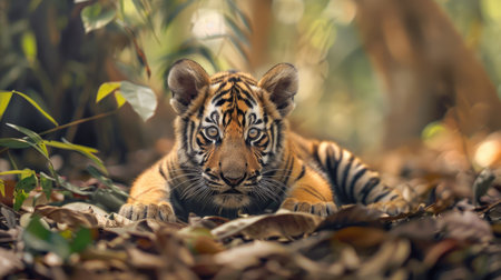 Adorable Bengal tiger cub lying in the forest, with leaves and plants creating a natural bedの素材