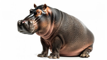 Full-body image of a hippopotamus in a sitting position, isolated on a white backdropの素材