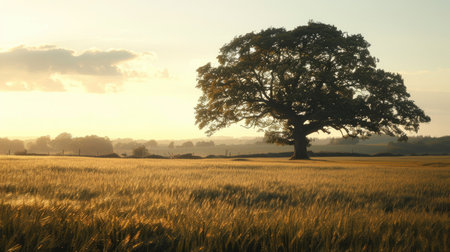 A solitary oak tree in a rural landscape, its branches outlined against the setting sun's warm lightの素材