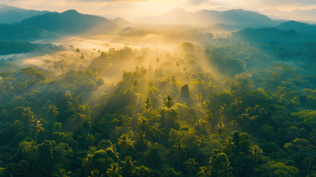 Aerial shot of a tropical mountain forest at dawn, with the morning sun casting a golden glowの素材