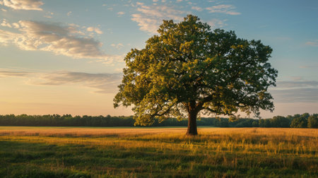 Idyllic sunset view of a lone oak tree in a field, its foliage shimmering in the last light of the dayの素材