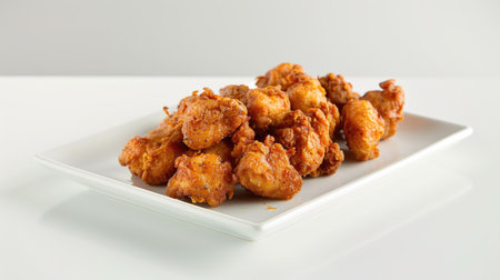 Tasty fried chicken pieces served on a clean white plate, isolated for a mouthwatering food photographyの素材