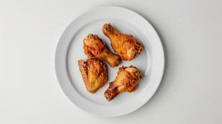 Top view of crispy fried chicken on a white plate, isolated on a simple white background, ready to be enjoyedの素材