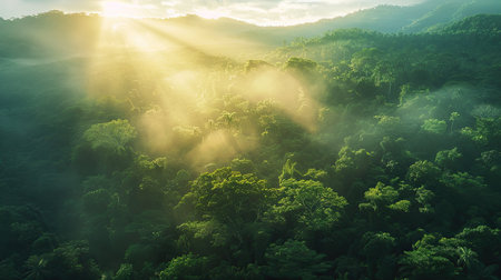 Tropical mountain forest at sunrise, captured in an aerial view with lush green trees and morning lightの素材