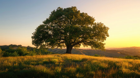 Scenic view of a lone oak tree with a lush crown, bathed in the warm hues of the setting sunの素材