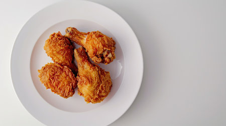 Top view of crispy fried chicken on a white plate, isolated on a simple white background, ready to be enjoyedの素材
