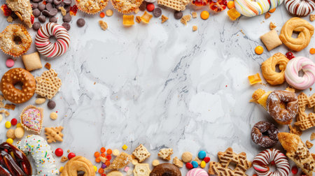 Top view of a decorative double border made of assorted junk food items on an elegant white marble banner9f33c63ed607の素材