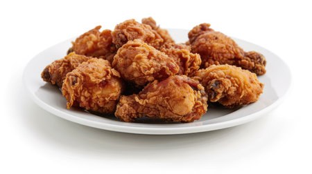 Close-up of delicious fried chicken pieces on a white plate, isolated for an enticing culinary displayの素材