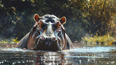 Large hippo watching us from the river's edge, the water sparkling in the backgroundの素材