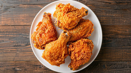 Top view of tender fried chicken on a white plate, showcasing its delicious crispy skin and juicy meatの素材