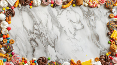 Top view of a decorative double border made of assorted junk food items on an elegant white marble bannerの素材