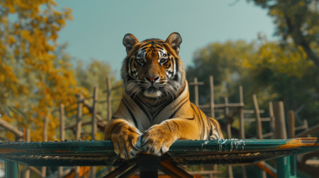 Majestic tiger perched on a zoo climbing structure, surveying its surroundings with keen eyesの素材