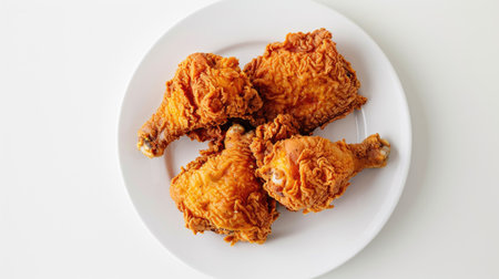 Top view of golden fried chicken on a white plate, isolated against a clean white background, appealing and appetizingの素材