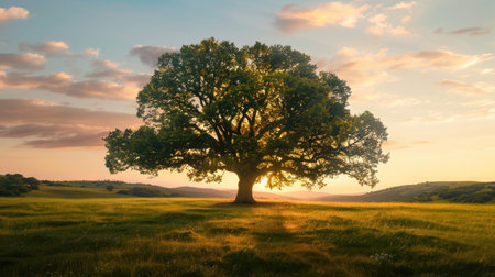 Serene landscape of a lone oak tree at sunset, its crown glowing in the soft light of the eveningarの素材