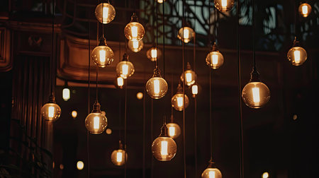 A dramatic shot of a series of lights glowing brightly in a darkened room, creating a captivating atmosphereの素材