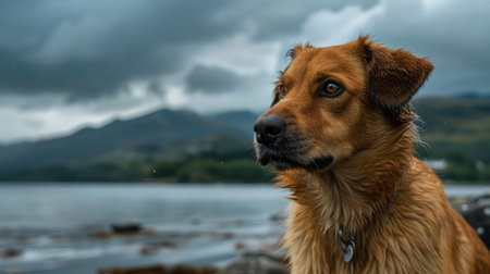 Close-up of a dog on the embankment, with a stunning bay and mountain scenery in the backgroundの素材