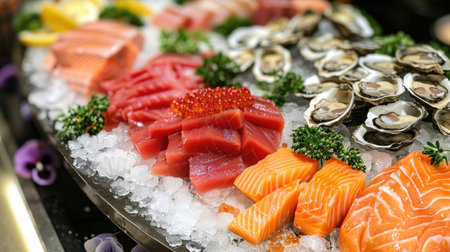 Assorted seafood display featuring salmon, tuna, caviar, oysters, dorado fish, and shellfish, beautifully presentedの素材