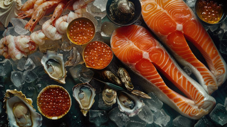 Assorted seafood background featuring salmon, tuna, caviar, oysters, dorado fish, and shellfish, beautifully presentedの素材