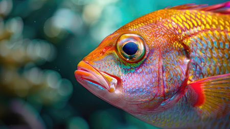 A detailed look at a fresh fish with glistening scales, vibrant colors, and clear eyesの素材
