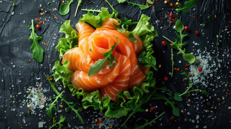 Artistic arrangement of raw salmon salad and green vegetables, appealing for culinary inspirationの素材