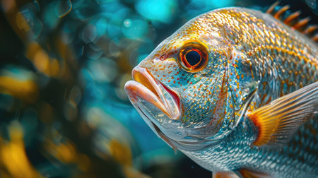 Close-up of a fresh fish, with glistening scales, vibrant hues, and clear eyes, showcasing its pristine qualityの素材