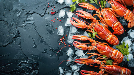 Beautiful display of raw lobsters on ice, on a black stone tabletop, top viewの素材