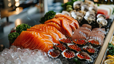 Assorted seafood display featuring salmon, tuna, caviar, oysters, dorado fish, and shellfish, beautifully presentedの素材