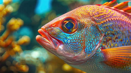 Close-up view of a fresh fish with glistening scales, vibrant colors, and clear eyes, highlighting its qualityの素材