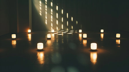 Artistic portrayal of multiple lights lit up in a dark room, casting shadows and creating depthの素材