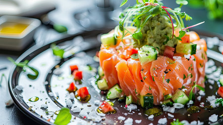 Colorful raw salmon salad with artistic green vegetable decorations, suitable for gourmet food presentationsの素材