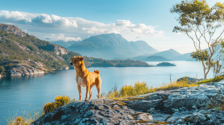 Cute little dog exploring the embankment, with a scenic bay and majestic mountains in the backgroundの素材