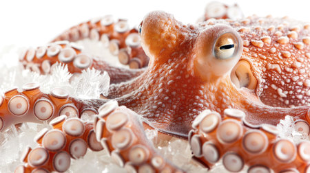 Close-up of frozen octopus with frost, isolated on a white backgroundの素材