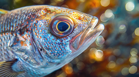 Close-up view of a fresh fish with glistening scales, vibrant colors, and clear eyes, highlighting its qualityの素材