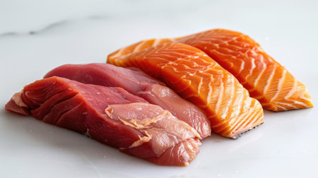 Close-up of fresh raw salmon, chicken fillet, and beef steak on a clean white surface, ready for culinary useの素材