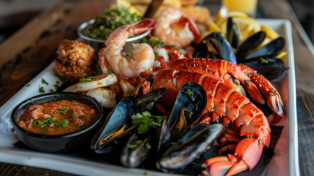 Assorted seafood platter with lobster, shrimp, and mussels, served with dipping saucesの素材