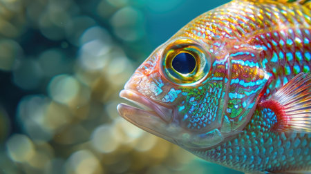 Close-up of a fresh fish with shimmering scales, vibrant colors, and clear eyes, emphasizing its freshnessの素材