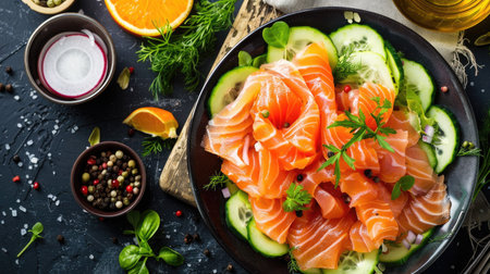 Colorful arrangement of raw salmon salad with crisp green vegetables, perfect for fresh culinary inspirationの素材