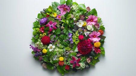 Close-up of a round surface patch covered in vibrant flowers, green leaves, and pebbles, on whiteの素材