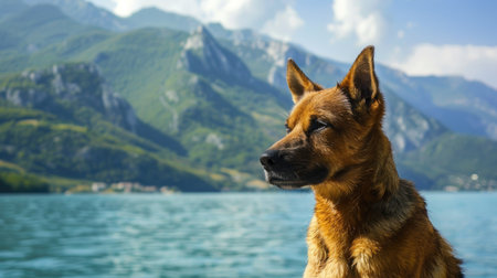 Close-up of a dog on the embankment, with a stunning bay and mountain scenery in the backgroundの素材