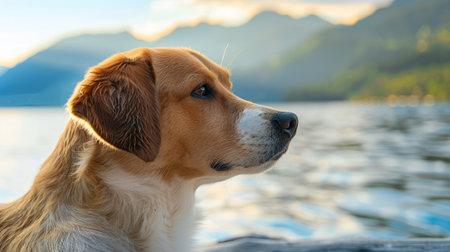 Close-up of a dog on the embankment, with a tranquil bay and majestic mountains in the backgroundの素材