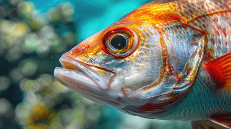 Close-up view of a fresh fish, with glistening scales, vibrant hues, and clear eyes, highlighting its qualityの素材