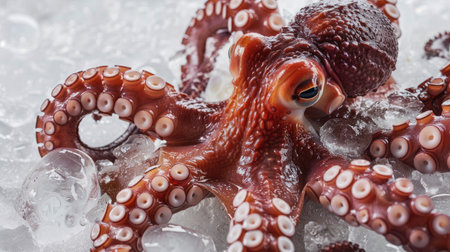 Detailed view of iced octopus on a white background, showcasing the textureの素材