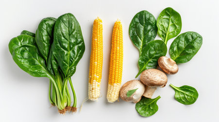 Fresh Shabu vegetables with spinach, mushrooms, and baby corn, neatly arranged on a white backgroundの素材