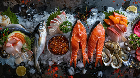 Exquisite seafood selection with salmon, tuna, caviar, oysters, dorado fish, and shellfish, on a bed of iceの素材